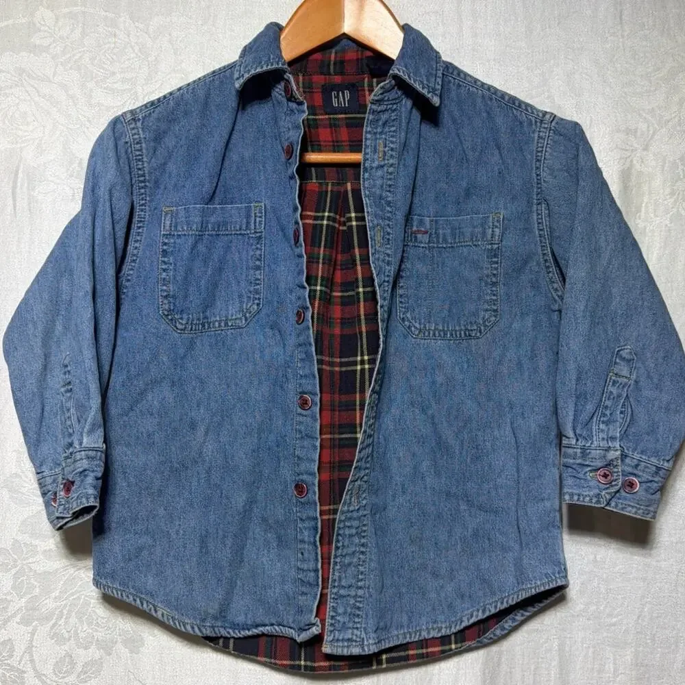 VTG GAP Shacket Kids Small 5 6 Blue Denim Button Up Flannel Lined Shirt Jacket